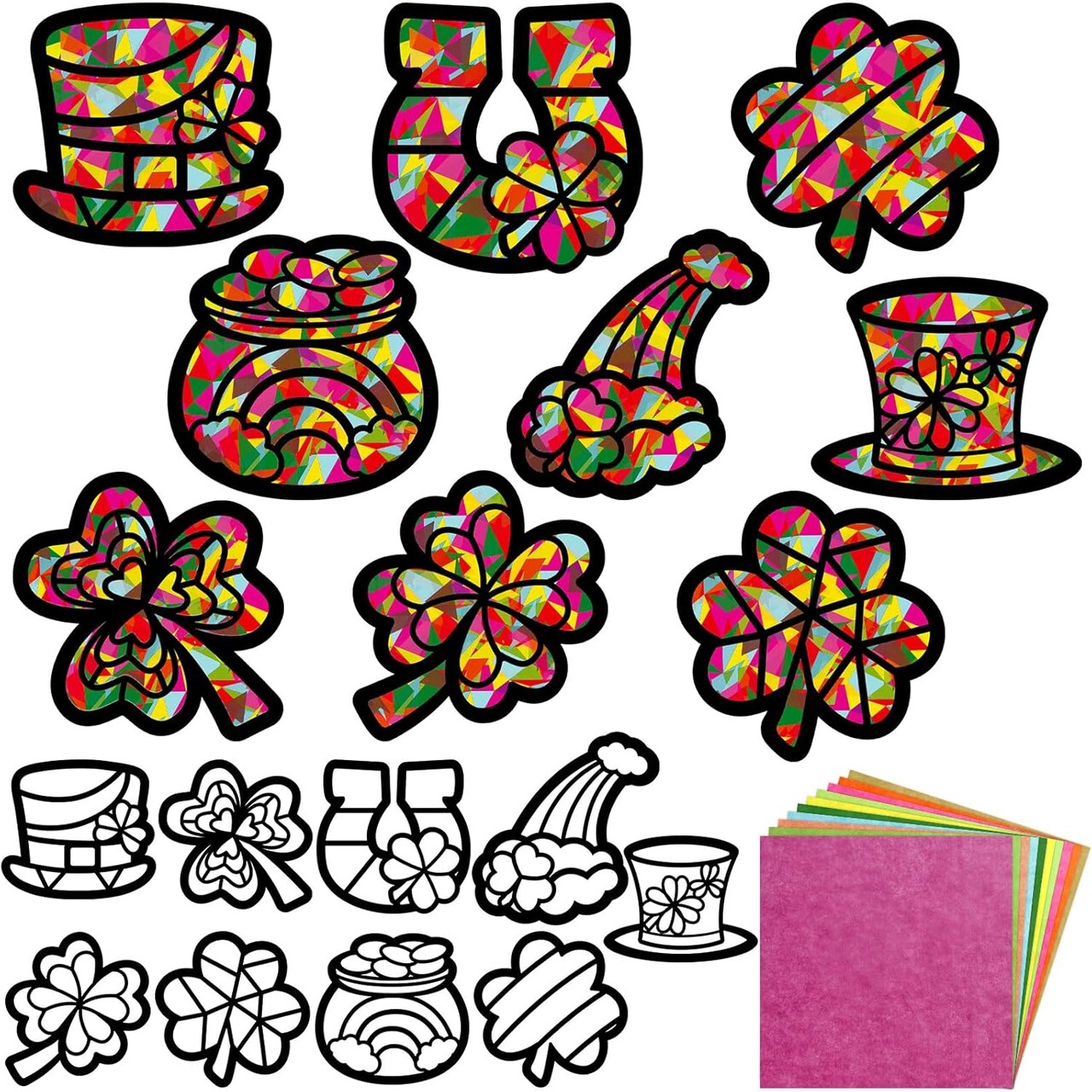 St. Patrick’s Day DIY Shamrock Suncatcher Craft Kit for Kids – Stained Glass Tissue Paper Window Art for Classroom, Party Favors & Home Decorations